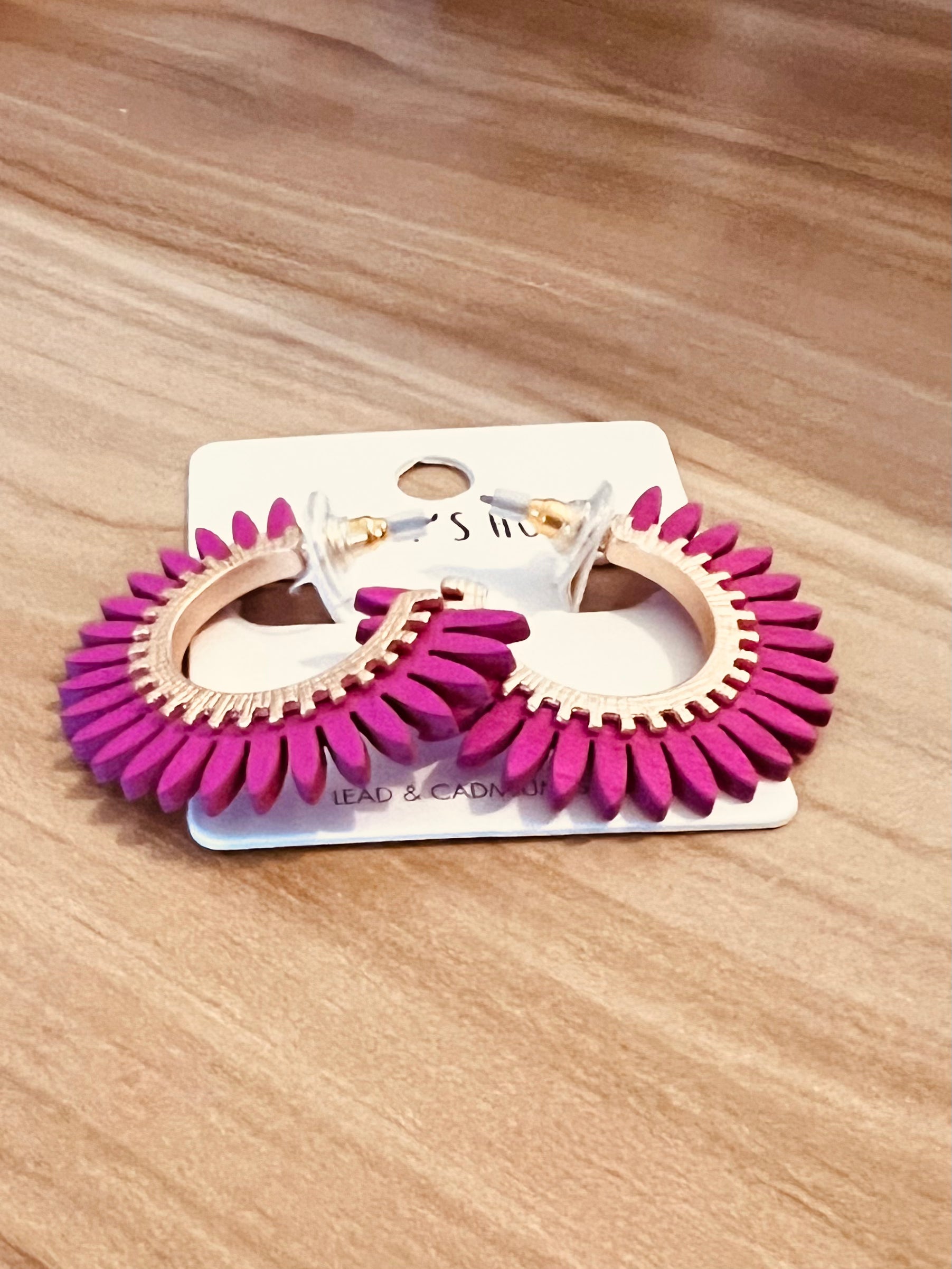 Hot Pink Wood Flower Hoop Earrings