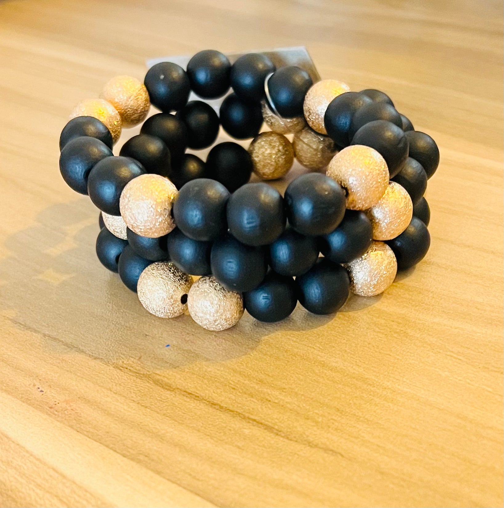 Black Wood and Gold Textured Beaded Bracelet Stack