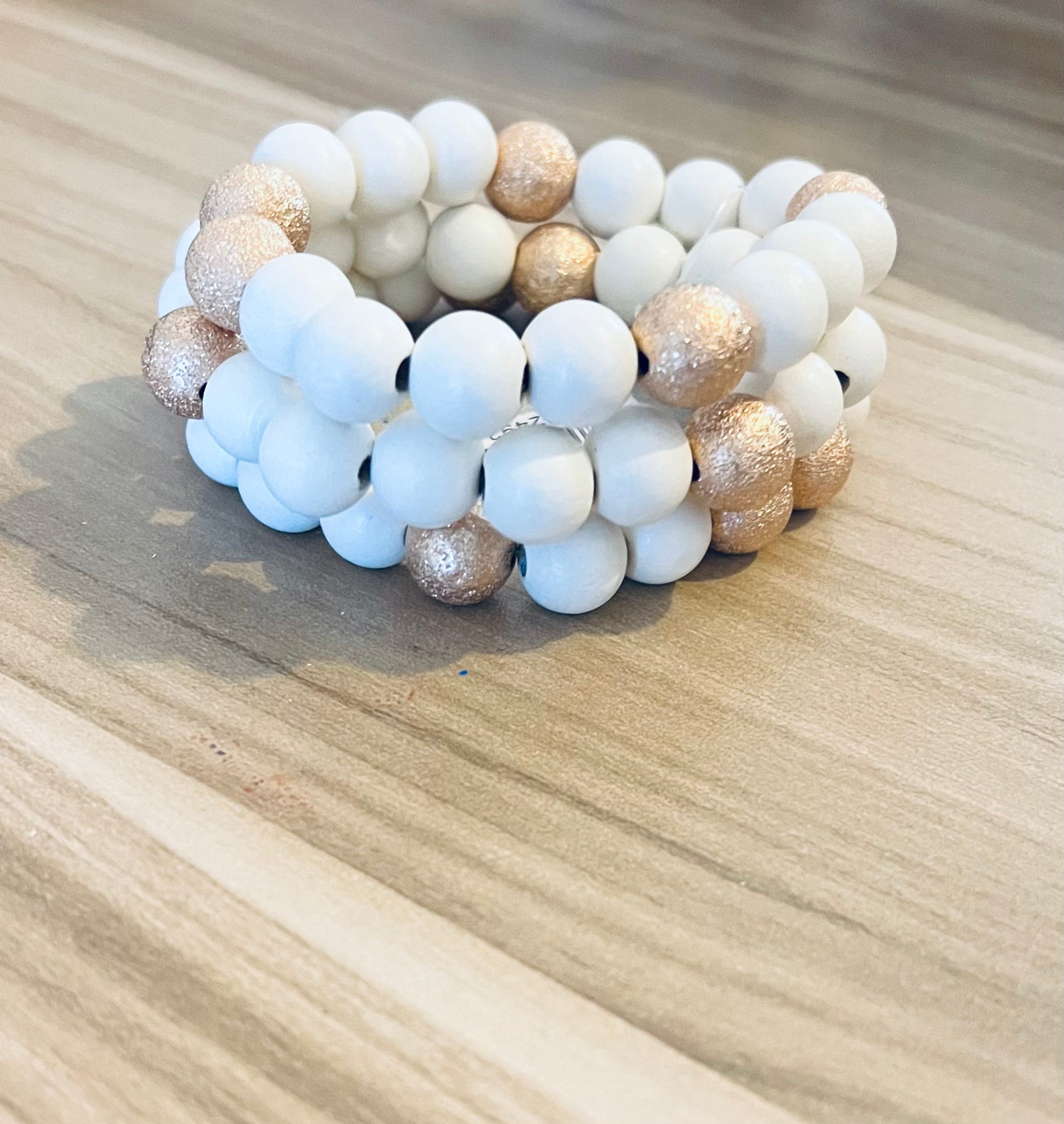 White Wood and Gold Beaded Bracelet Stack