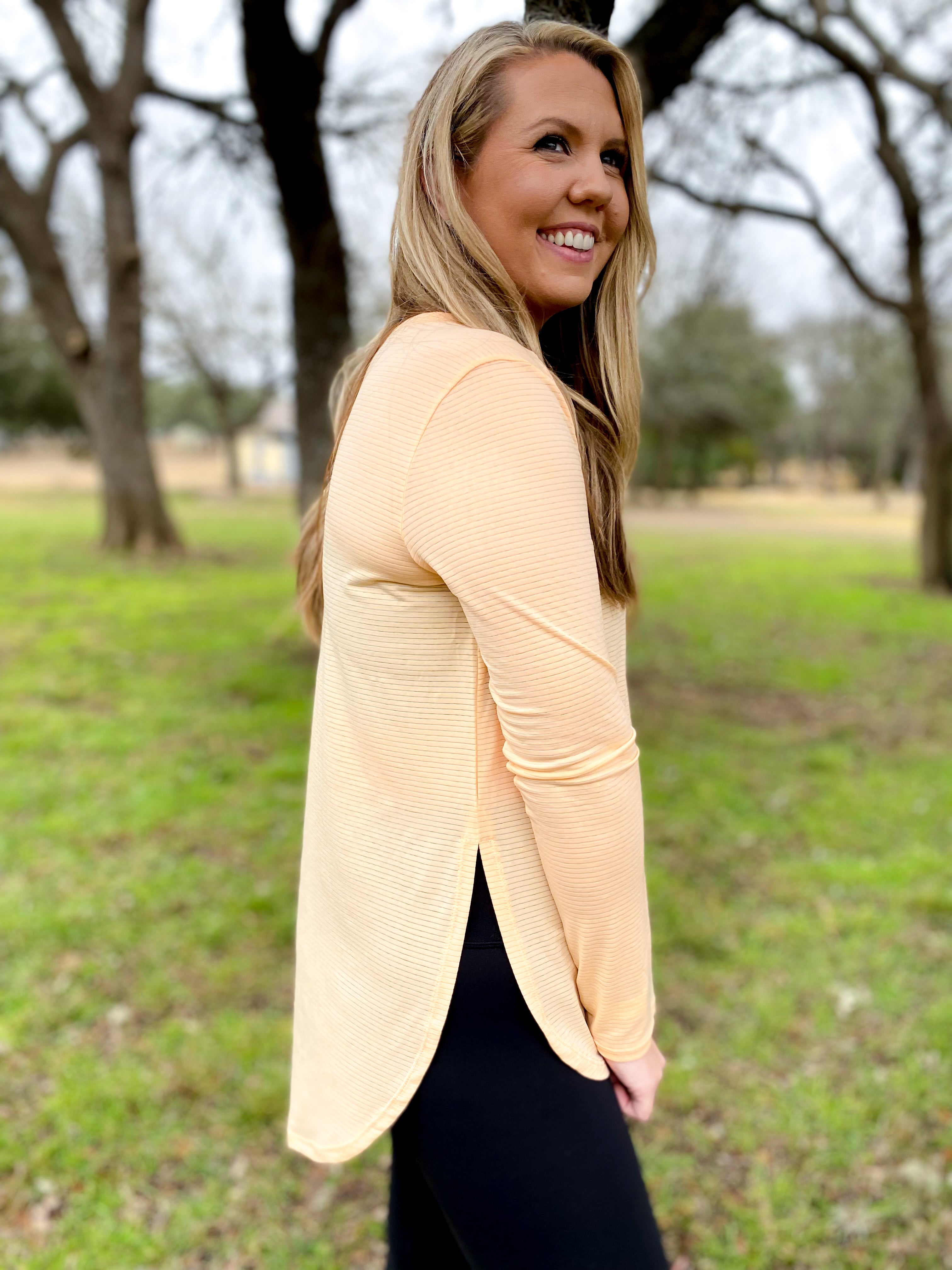 Ribbed Long Sleeve Top with Side Slits